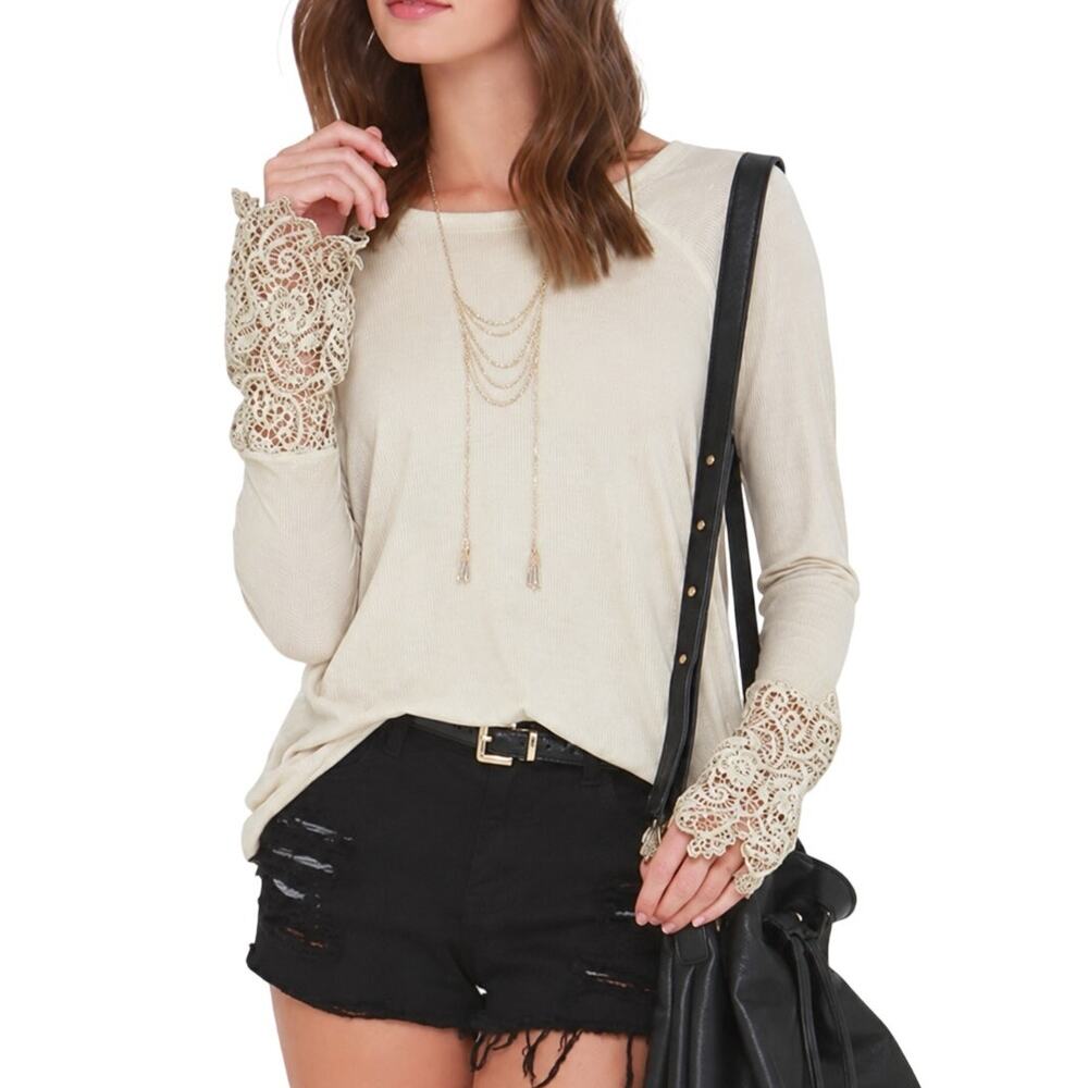 Ivory Thermal Knit Top S Crochet Scallop Trim Sleeve Relaxed Neutral French Girl